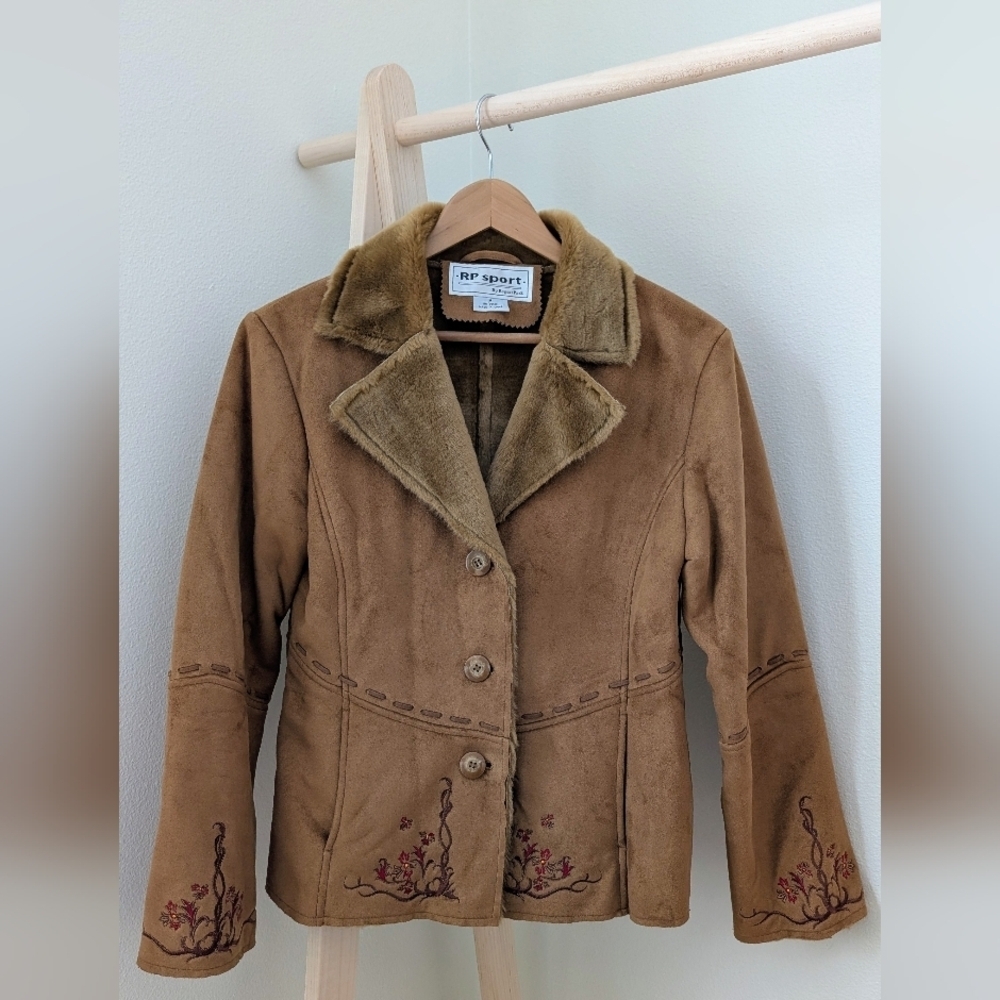 Vintage Faux Suede Faux Fur Collared Floral Embroidered Whipstitch Jacket Camel - Picture 2 of 7